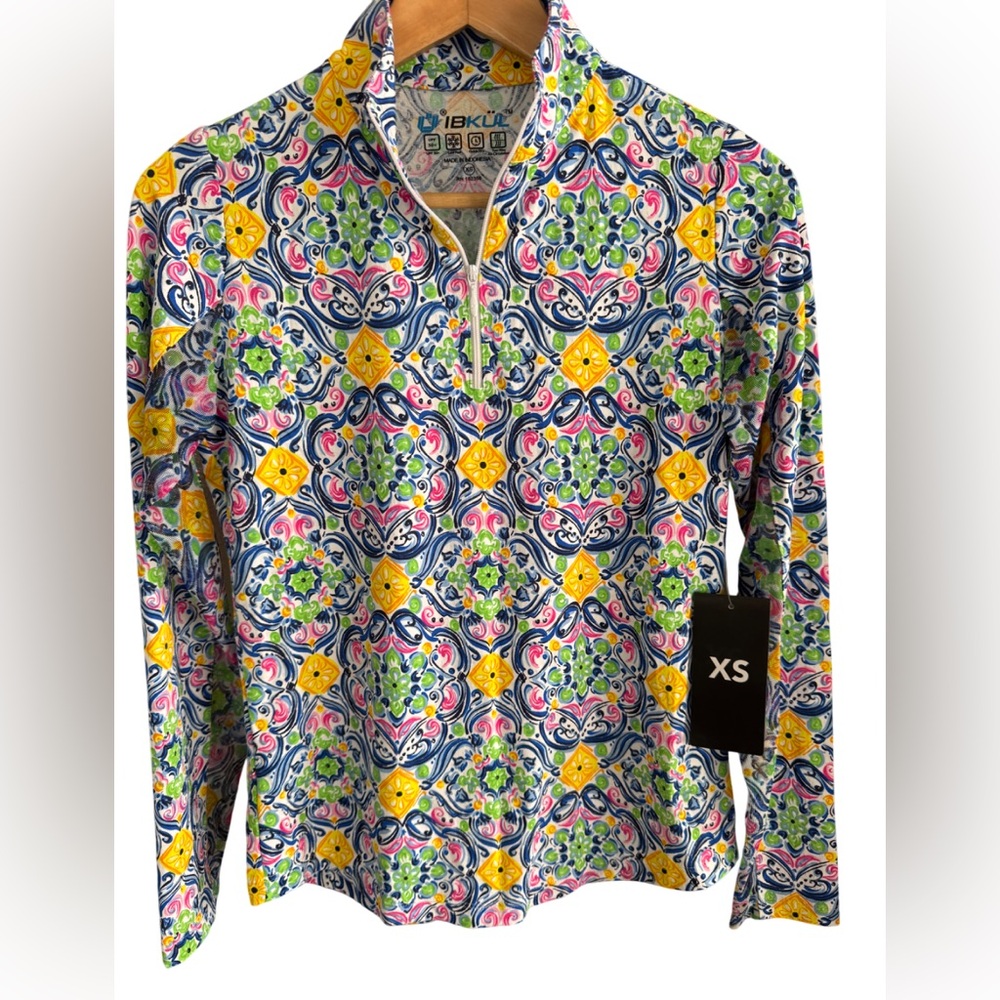 IBKUL Shirt Womens XS Pink Multi Color L/S 1/4 Zip Mock Neck Golf Performance
